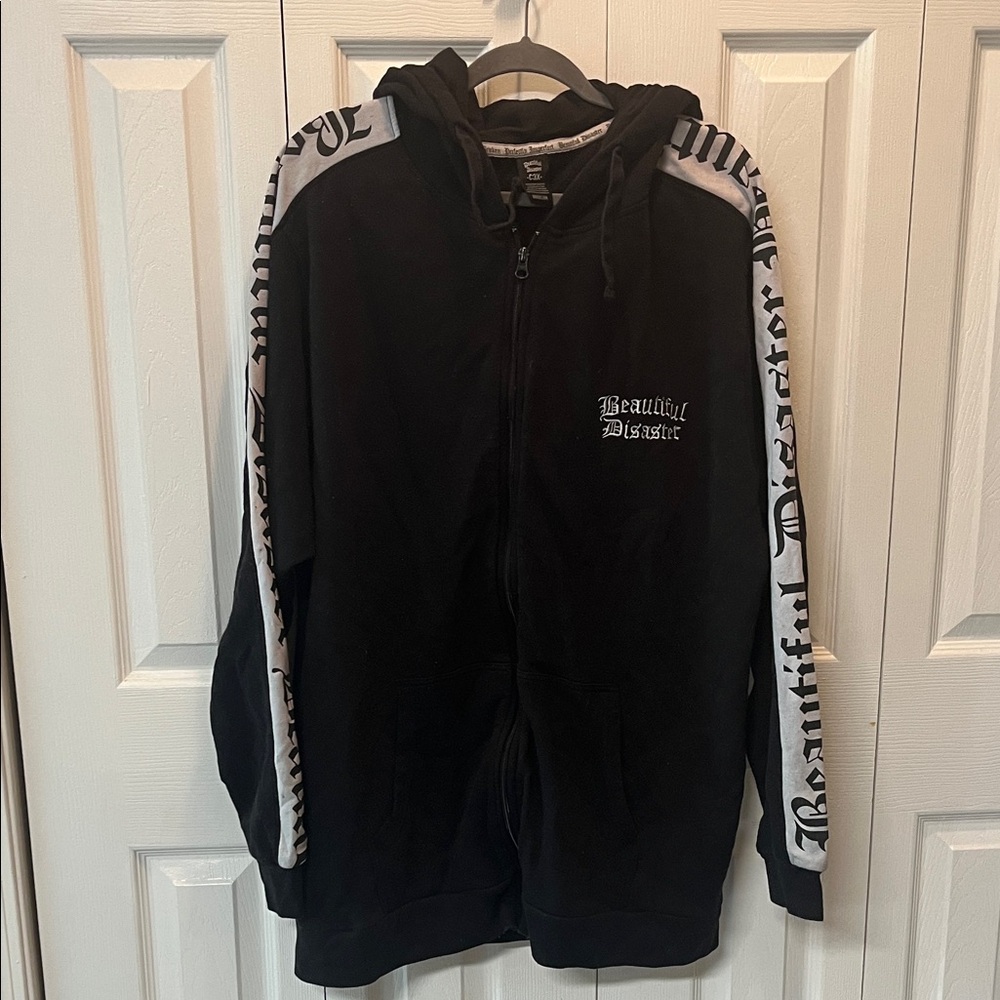 Beautiful Disaster Black Zip Hoodie with White Sleeve Script
